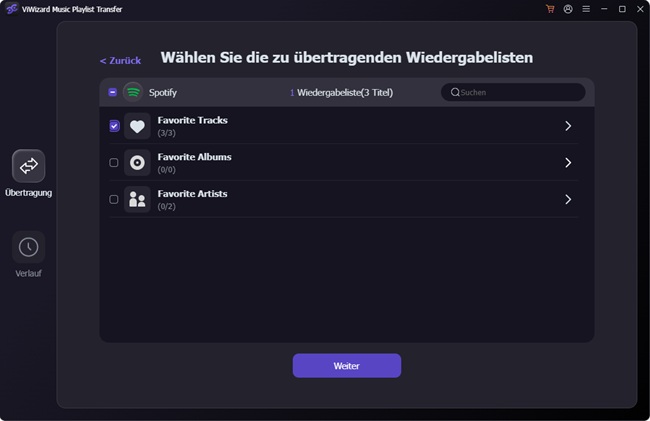 Playlists zur Übertragung wählen