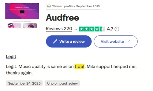 AudFree Tidal Music Converter Trustpilot-Bewertung