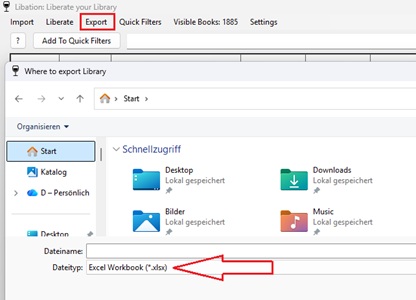 Bibliothek in Excel-Datei exportieren