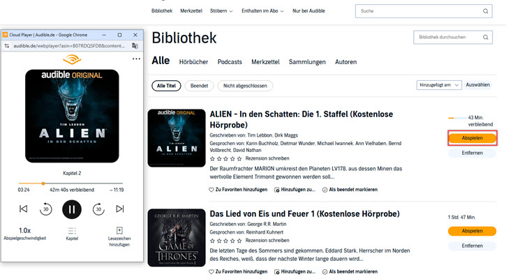 Audible Hörbücher hören mit Cloud-Player