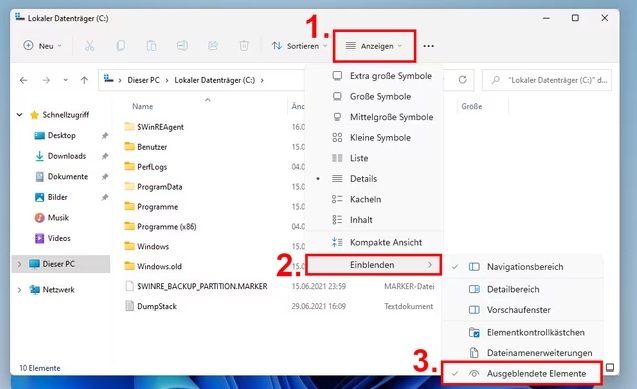 Ausgeblendete Elemente anzeigen auf Windows 11