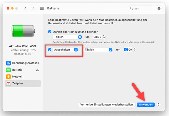 Automatisches Einstellen für Sleep Timer auf Mac