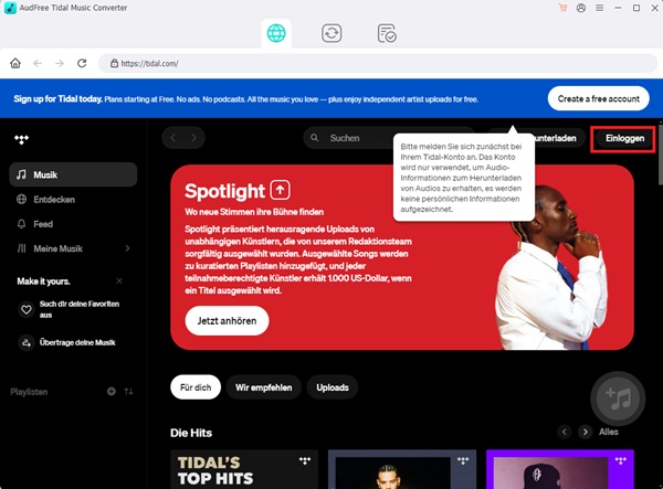 Bei TIDAL anmelden in AudFree