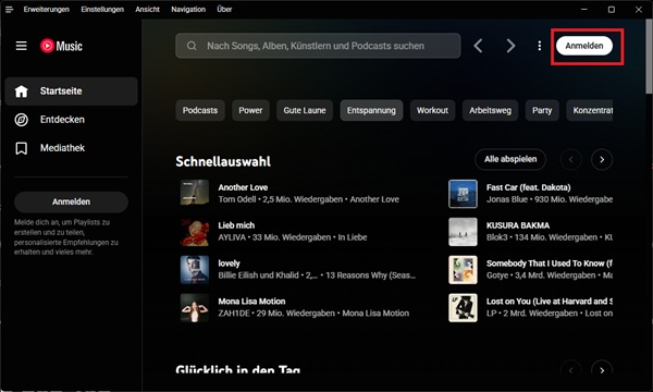 Bei YouTube Music Web mit Plugin anmelden
