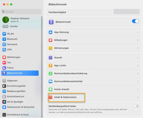 Inhalt und Datenschutz deaktivieren Mac
