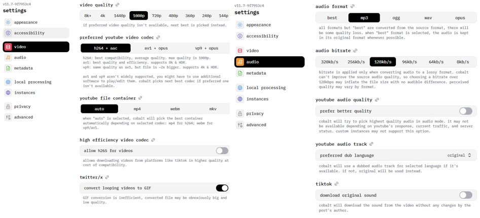 cobalt.tools Audioqualität und Videoqualität anpassen