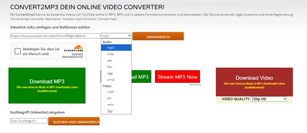 Convert2mp3 Downloader Format wählen