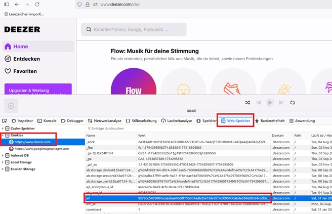 Deezer ARL-Cookie finden auf Firefox