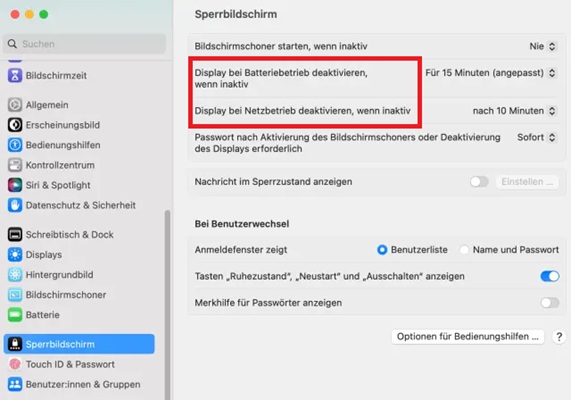 Display bei Netzbetrieb / Batteriebetrieb deaktivieren, wenn inaktiv