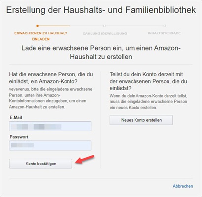Erwachsene Person einladen und Konto Bestätigen