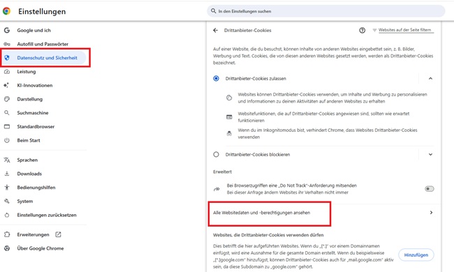 Alle Websitedaten und Berechtigungen anzeigen