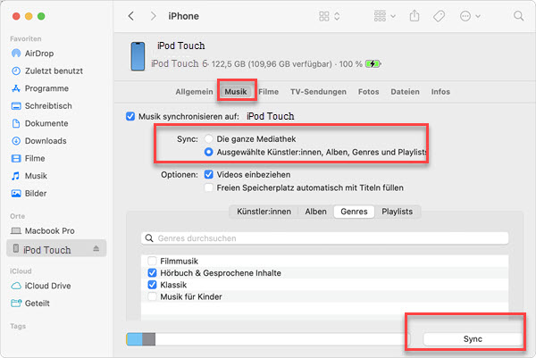 iPod Touch mit Mac Computer synchronisieren Finder