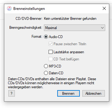 iTunes Brenneinstellungen