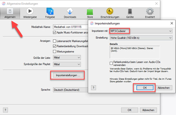 iTunes Importeinstellungen AAC Kodierer
