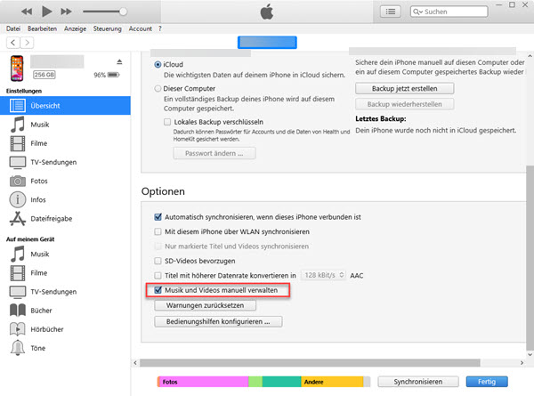 iTunes Musik und Video manuell verwalten