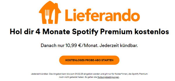 4 Monate Spotify Premium kostenlos mit Lieferando erhalten