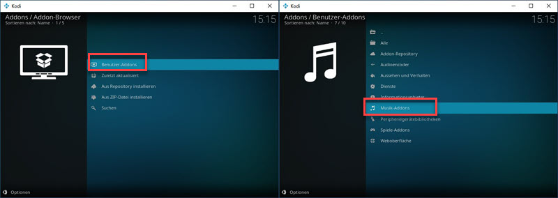 Musik Addons bei Kodi auswählen
