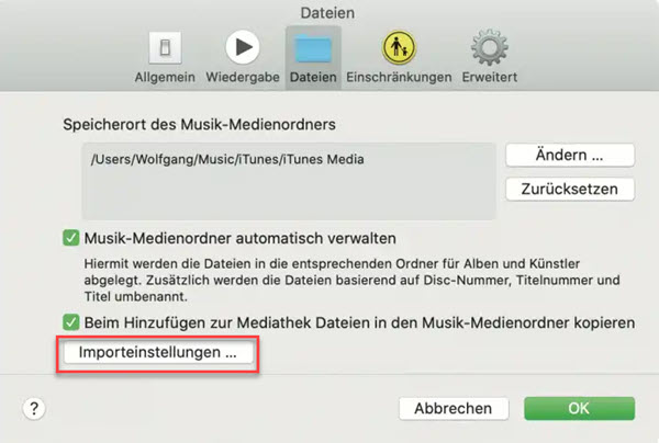 Musik App Importeinstellungen