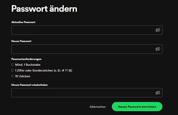 Neues Spotify Passwort einrichten