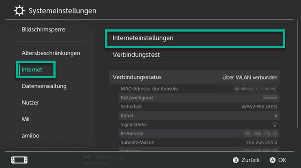 Nintendo Switch Interneteinstellungen