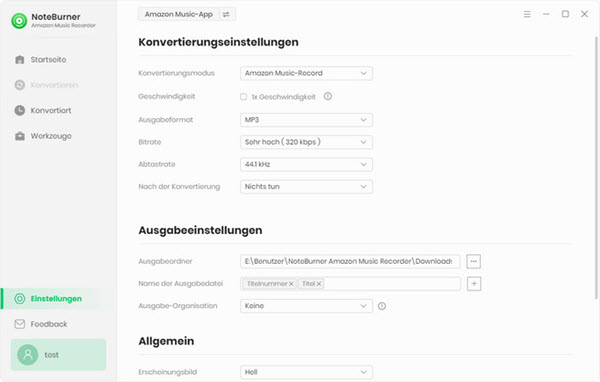 Noteburner Amazon Music Recorder Einstellungen
