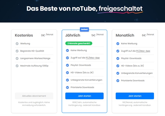 NoTube kostenlos vs. NoTube Plus