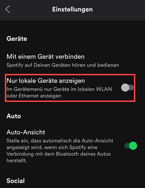 Nur lokale Geräte anzeigen deaktivieren