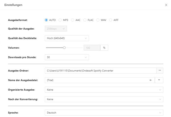 Ondesoft Spotify Music Converter Ausgabeeinstellungen