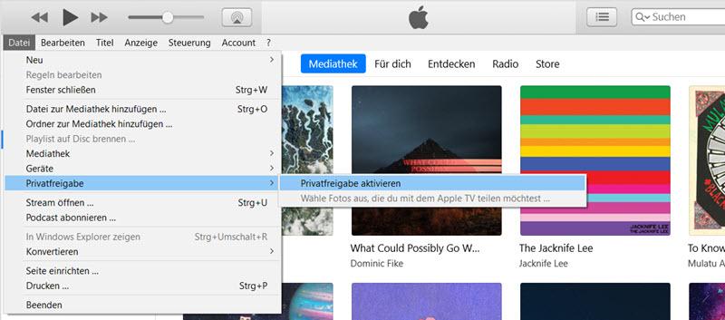 Privatfreigabe aktivieren auf iTunes