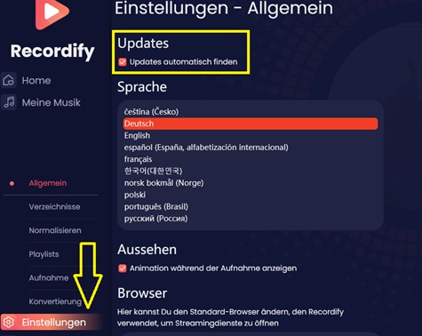 Updates automatisch finden bei Recordify