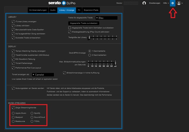 Zeige Streamingdienste in Serato aktivieren