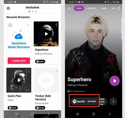 Shazam Titel auf Spotify abspielen