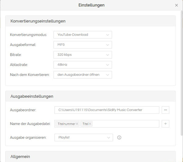 Sidify Spotify Music Converter Ausgabeeinstellungen