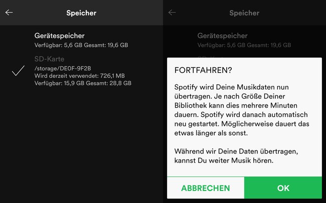 Spotify Speicherort Änderung bestätigen