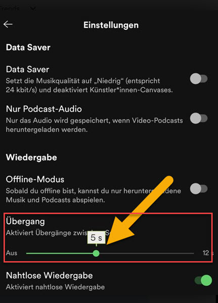 Spotify Übergang einstellen auf dem Handy