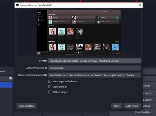 Spotify als Quelle in OBS auswählen