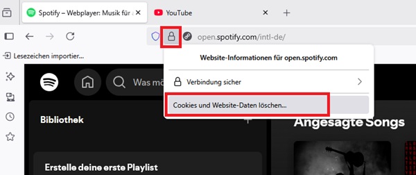 Spotify Cache und Cookies löschen auf Firefox