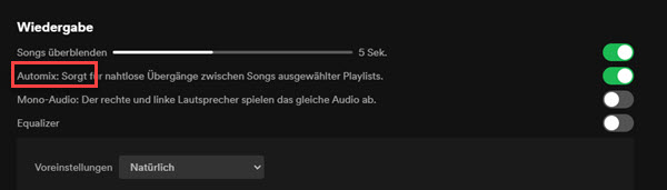 Spotify Einstellungen Automix