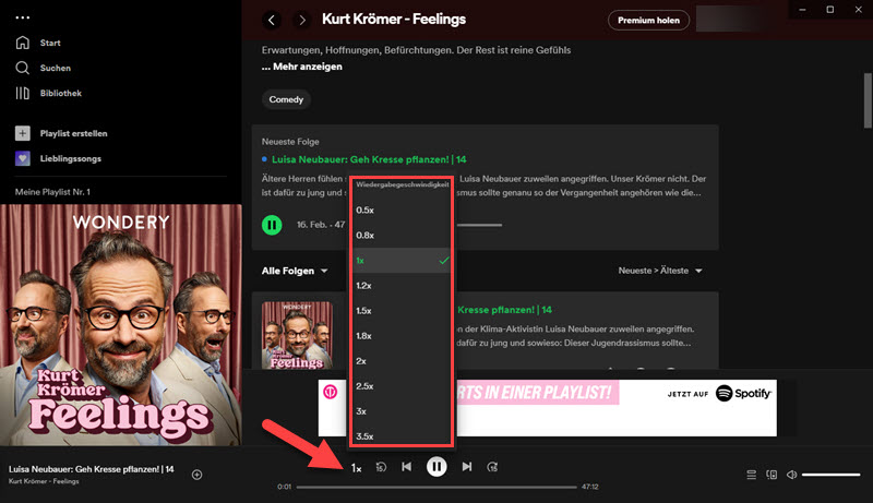 Spotify Podcast und Hörbuch Geschwindigkeit ändern auf dem PC