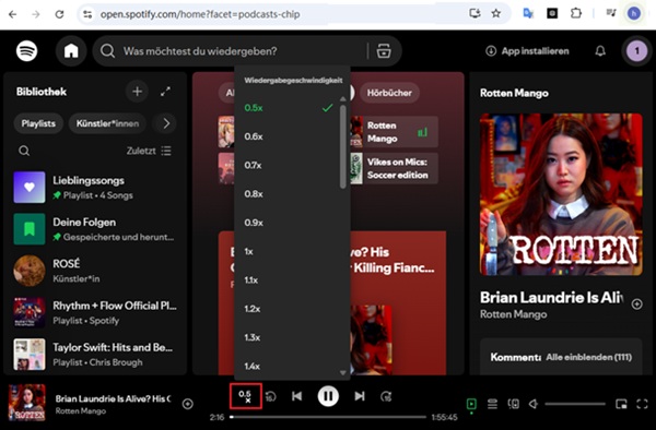 Spotify Podcast Wiedergabegeschwindigkeit ändern auf dem Webplayer