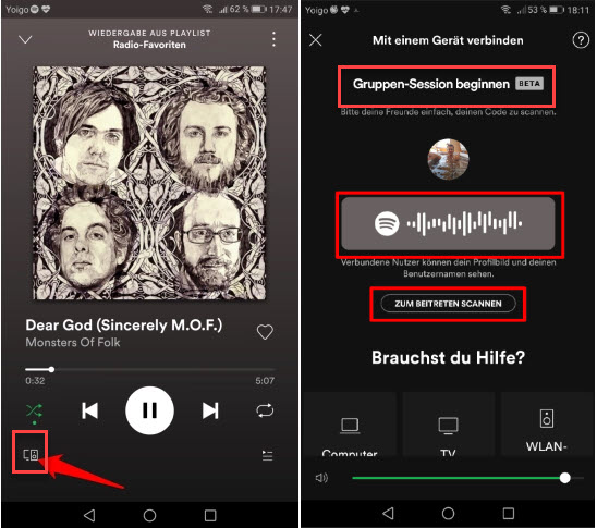 Spotify Gruppen Session beginnen auf dem Handy