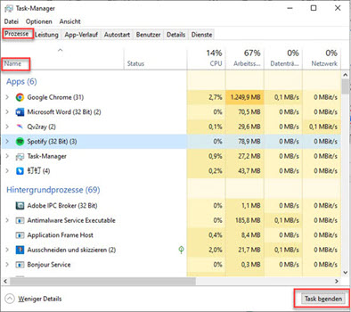 Beenden von Spotify im Task-Manager erzwingen