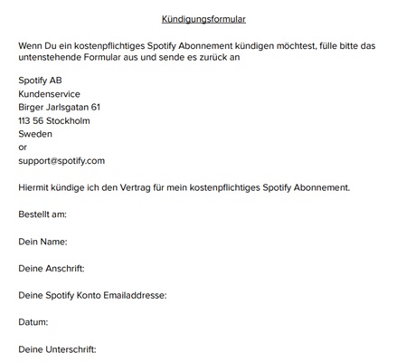 Spotify Kündigungsformular