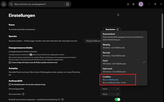 Spotify Lossless aktivieren auf dem Desktop
