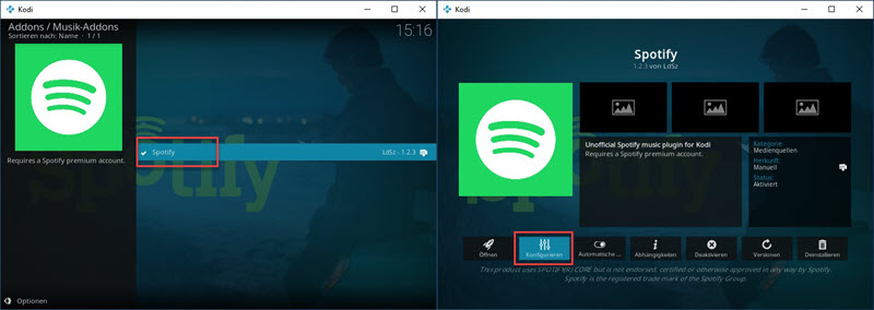Spotify Musik Addons bei Kodi auswählen