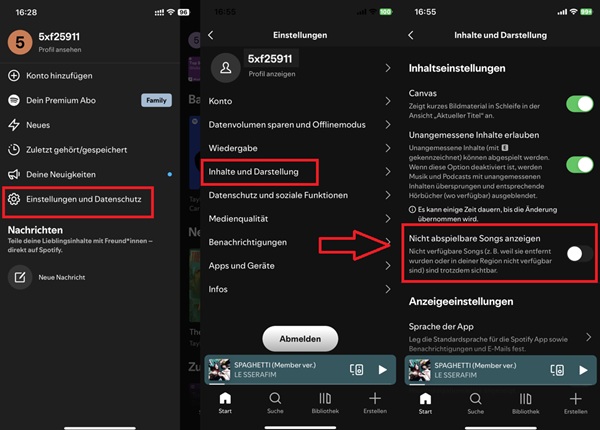 Spotify „Nicht abspielbare Songs anzeigen“ aktivieren