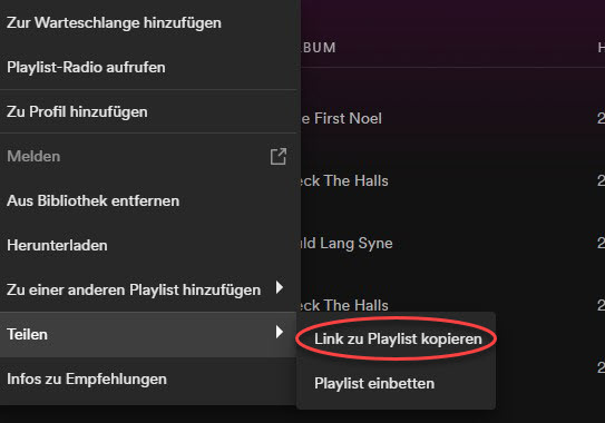 Playlist bei Spotify teilen auf dem PC