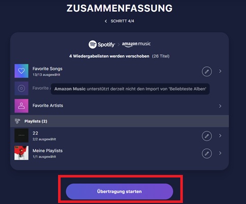 Spotify Playlist zu Amazon Music übertragen mit Tune My Music