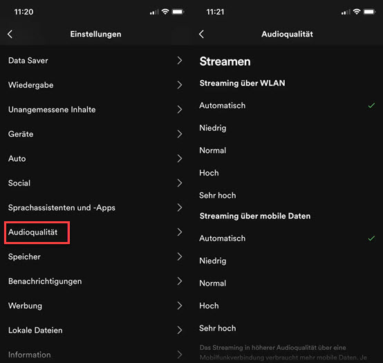 Spotify Qualität einstellen auf dem iPhone