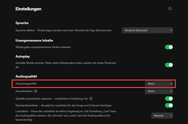 Spotify Qualität einstellen auf dem PC